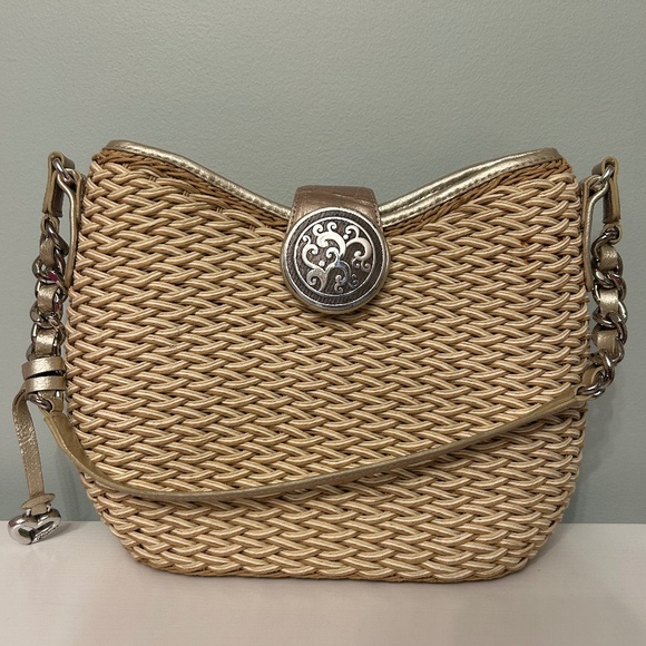 Brighton Handbags - Brighton Jani Straw and Patent Leather Shoulder Bag with Medallion Clasp